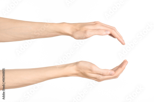 Hand gestures theme: the human hand shows gestures isolated on white background in studio