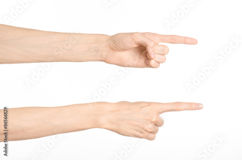 Hand gestures theme: the human hand shows gestures isolated on white background in studio