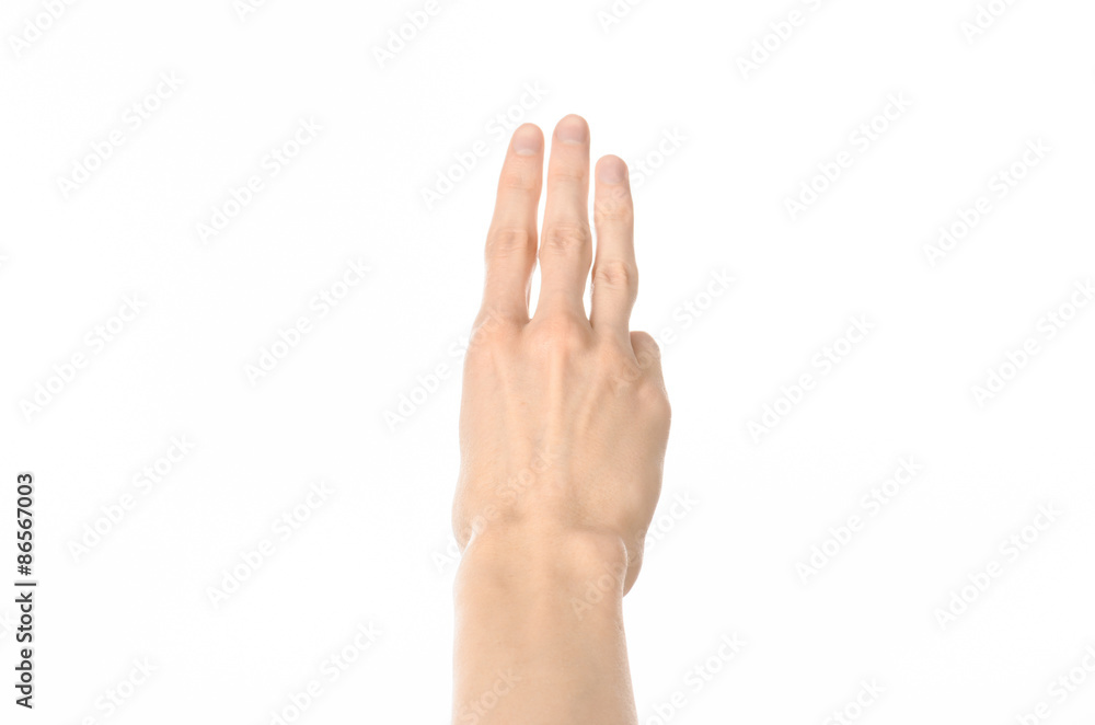 Gestures topic: human hand gestures showing first-person view isolated on white background in studio
