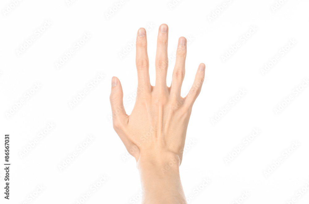 Gestures topic: human hand gestures showing first-person view isolated on white background in studio Gestures topic: human hand gestures showing first-person view isolated on white background in studio