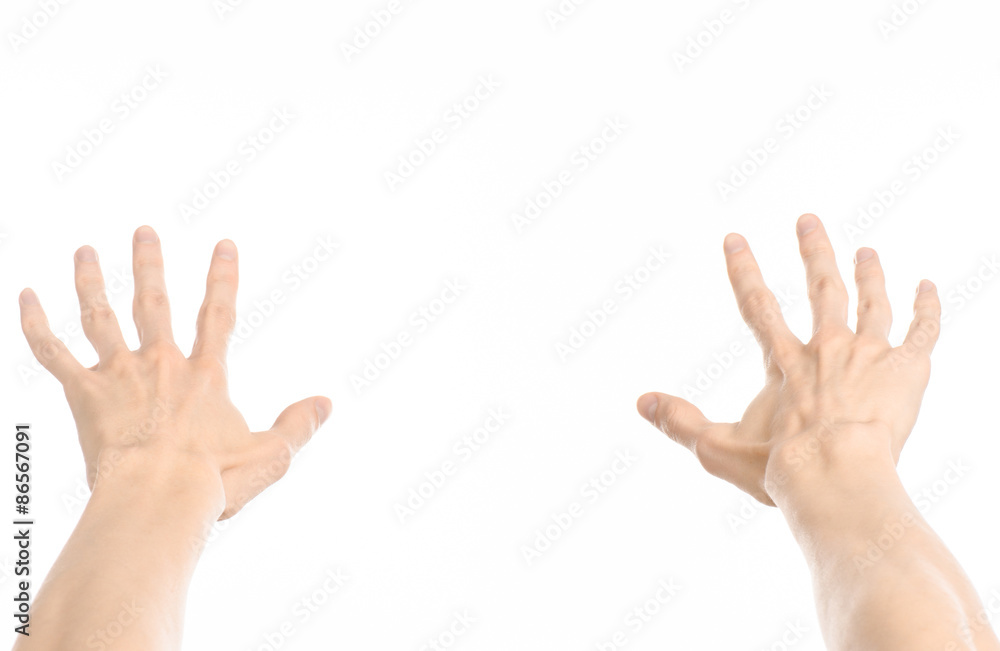 Gestures topic: human hand gestures showing first-person view isolated on white background in studio Gestures topic: human hand gestures showing first-person view isolated on white background in studio