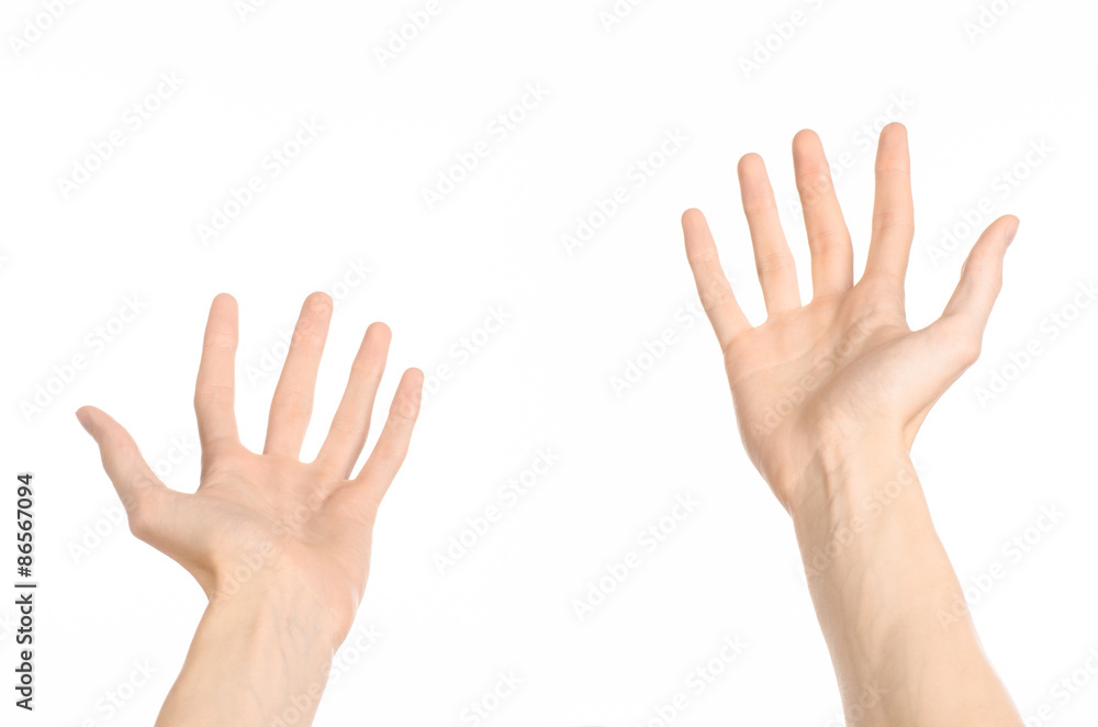 Gestures topic: human hand gestures showing first-person view isolated on white background in studio