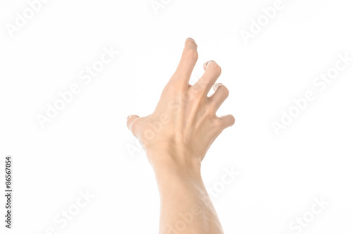 Gestures topic: human hand gestures showing first-person view isolated on white background in studio