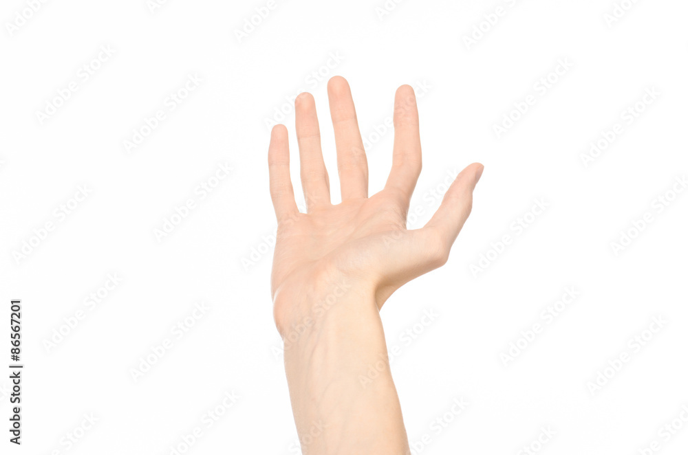Gestures topic: human hand gestures showing first-person view isolated on white background in studio Gestures topic: human hand gestures showing first-person view isolated on white background in studio