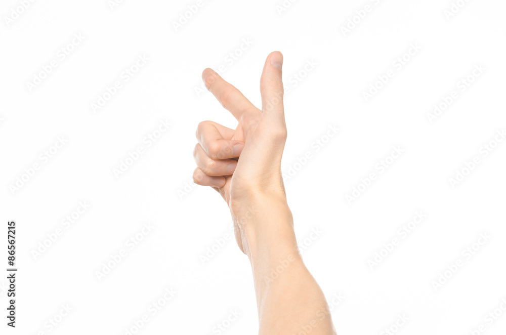 Gestures topic: human hand gestures showing first-person view isolated on white background in studio Gestures topic: human hand gestures showing first-person view isolated on white background in studio