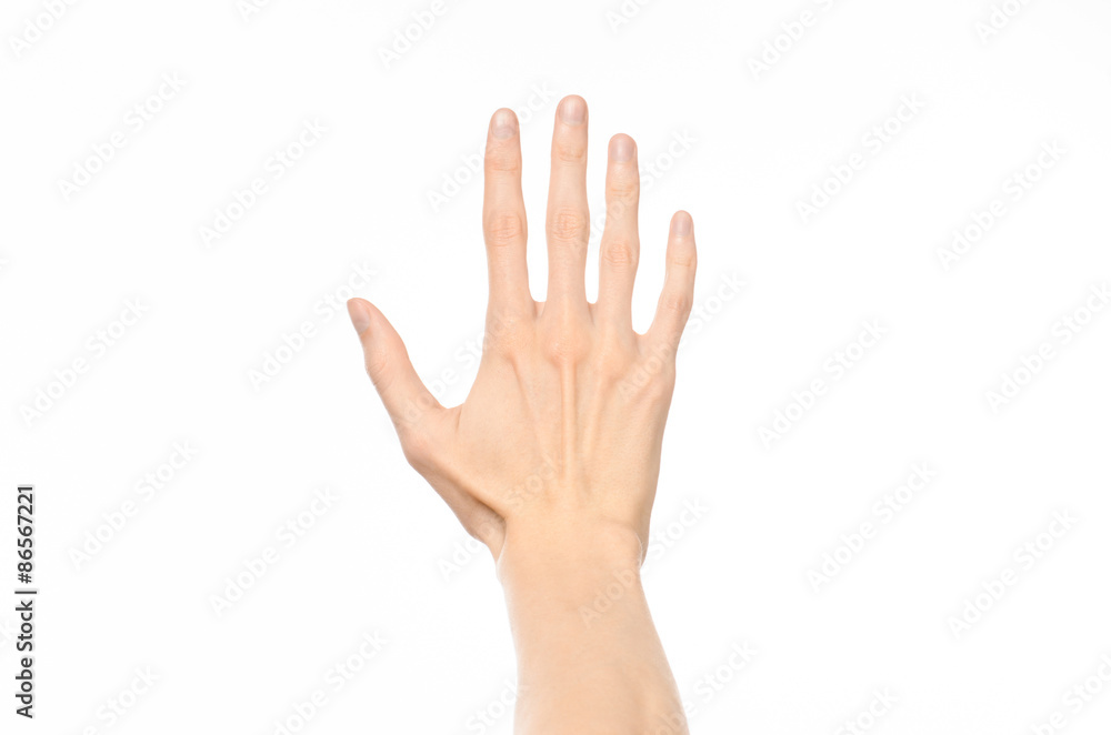 Gestures topic: human hand gestures showing first-person view isolated on white background in studio Gestures topic: human hand gestures showing first-person view isolated on white background in studio