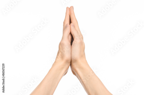 Gestures topic  human hand gestures showing first-person view isolated on white background in studio