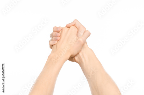 Gestures topic: human hand gestures showing first-person view isolated on white background in studio