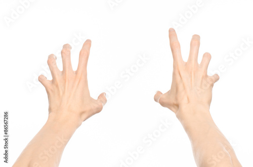 Gestures topic: human hand gestures showing first-person view isolated on white background in studio