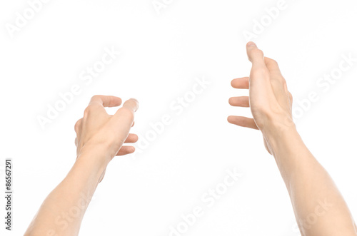 Gestures topic: human hand gestures showing first-person view isolated on white background in studio © Parad St