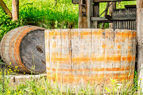 Old wood barrel used for stomping or crushing grapes.