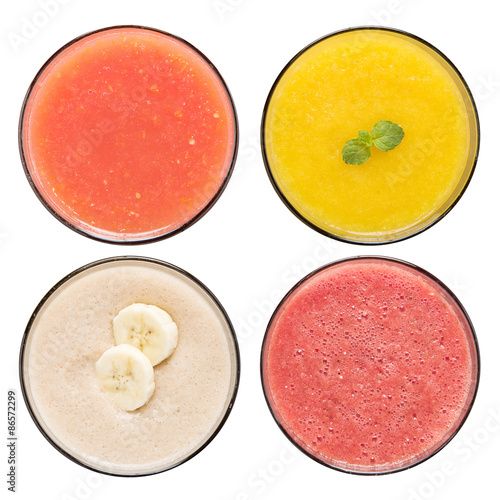 Set of fruit smoothie in glasses isolated on white background.