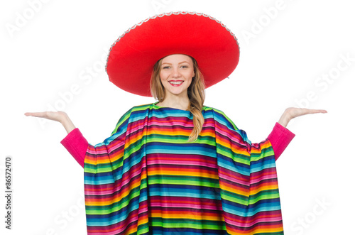 Fotografia Pretty girl in mexican poncho isolated on white