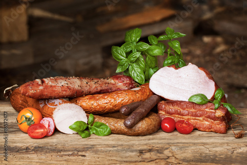 Obraz na płótnie Assortment of cold meats, variety of processed cold meat products w salonie