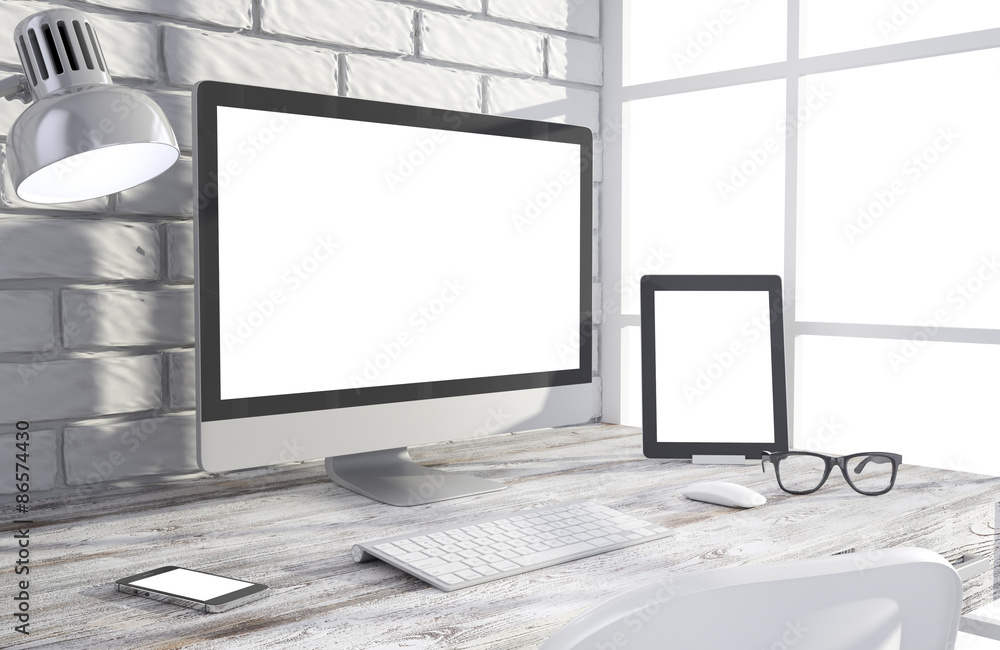 Fototapeta premium 3D illustration PC screen on table in office, Workspace