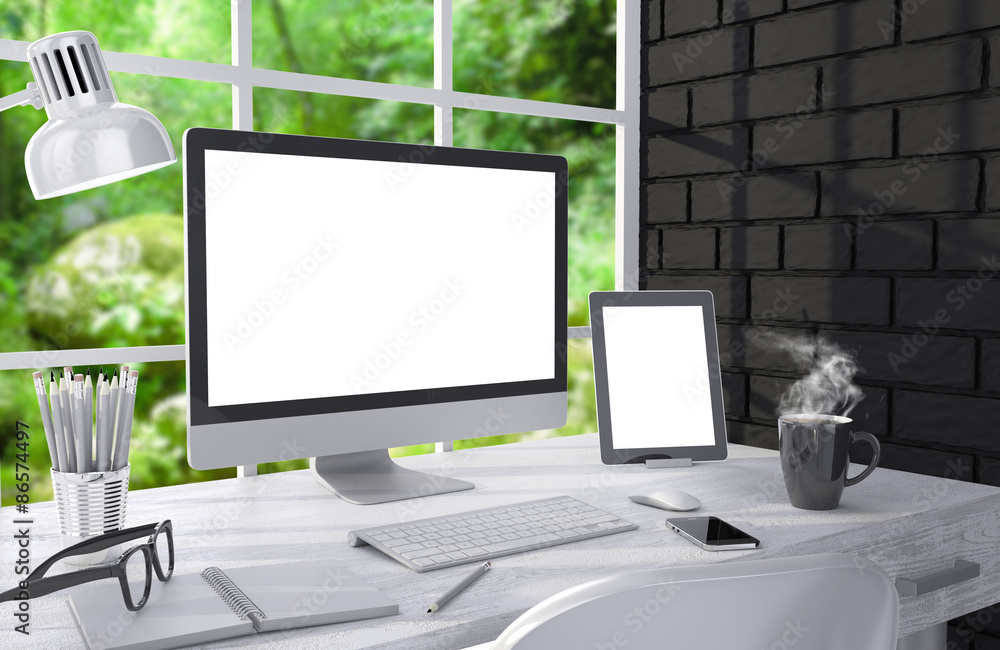 Fototapeta premium 3D illustration PC screen on table in office, Workspace