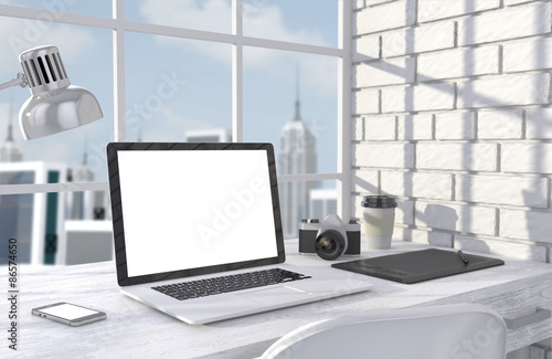 Wallpaper Mural 3D illustration laptopand work stuff on table near brick wall Torontodigital.ca