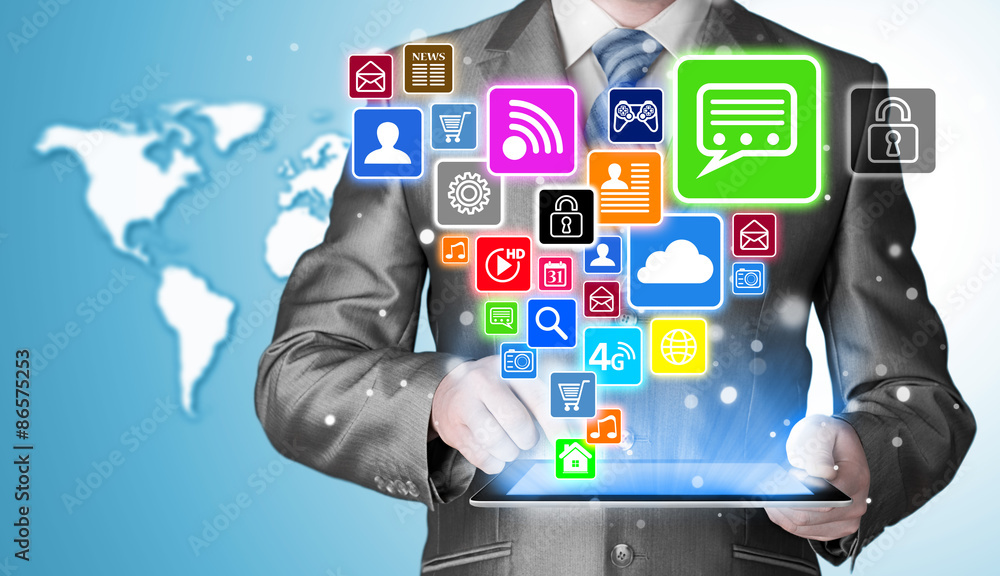 Business man using tablet PC with social media icon set Business man using tablet PC with social media icon set