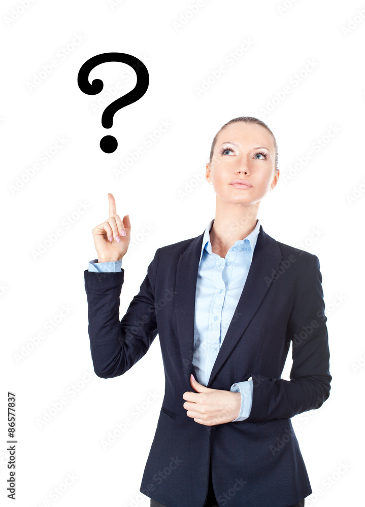 Business woman pointing up on sign question mark Business woman pointing up on sign question mark