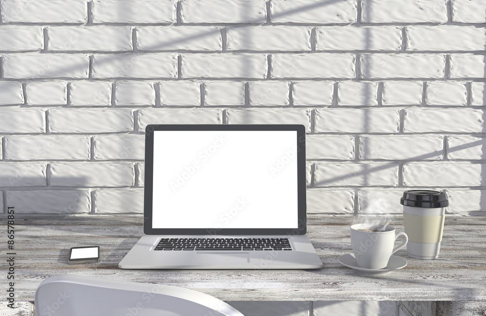 Fototapeta premium 3D illustration laptopand work stuff on table near brick wall