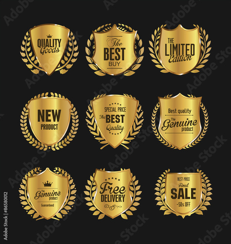 Golden premium quality retro vintage shields and laurels