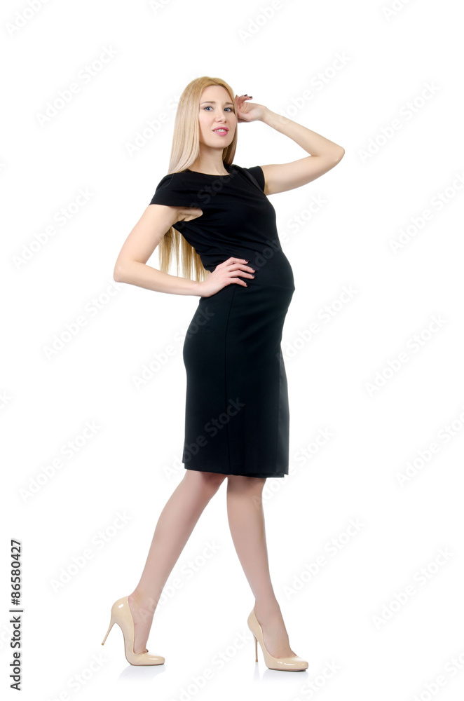 Pretty pregnant woman in black dress isolated on white Pretty pregnant woman in black dress isolated on white