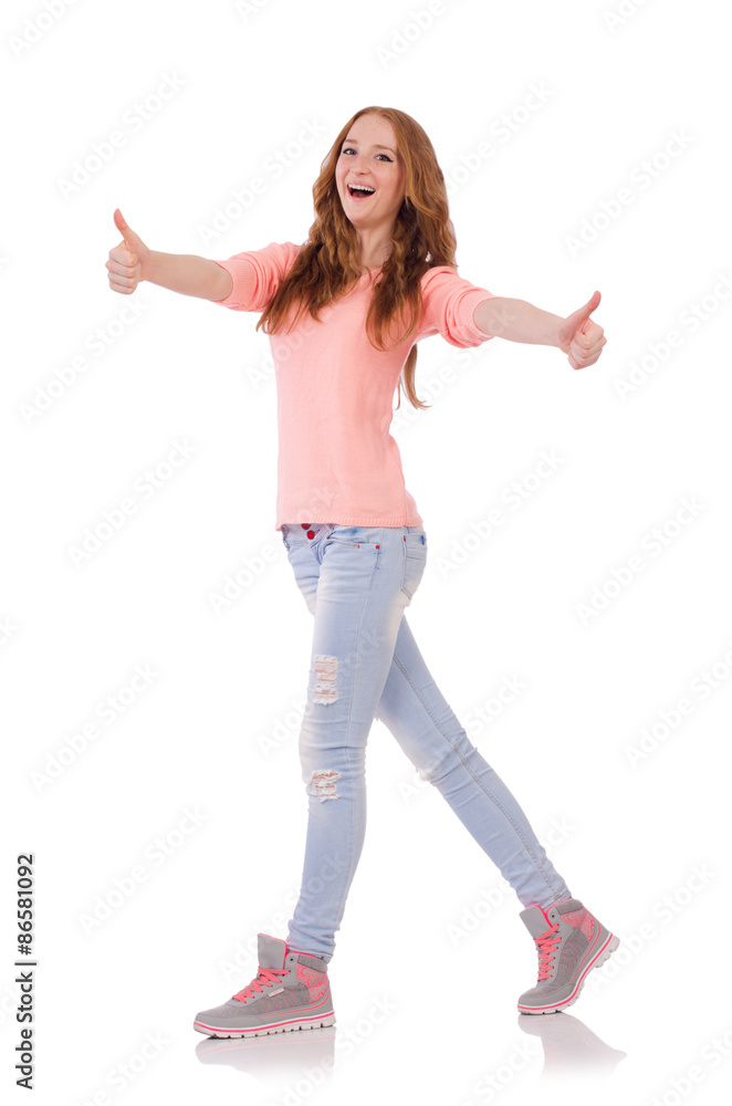 Cute smiling girl in pink blouse and jeans isolated on white Cute smiling girl in pink blouse and jeans isolated on white