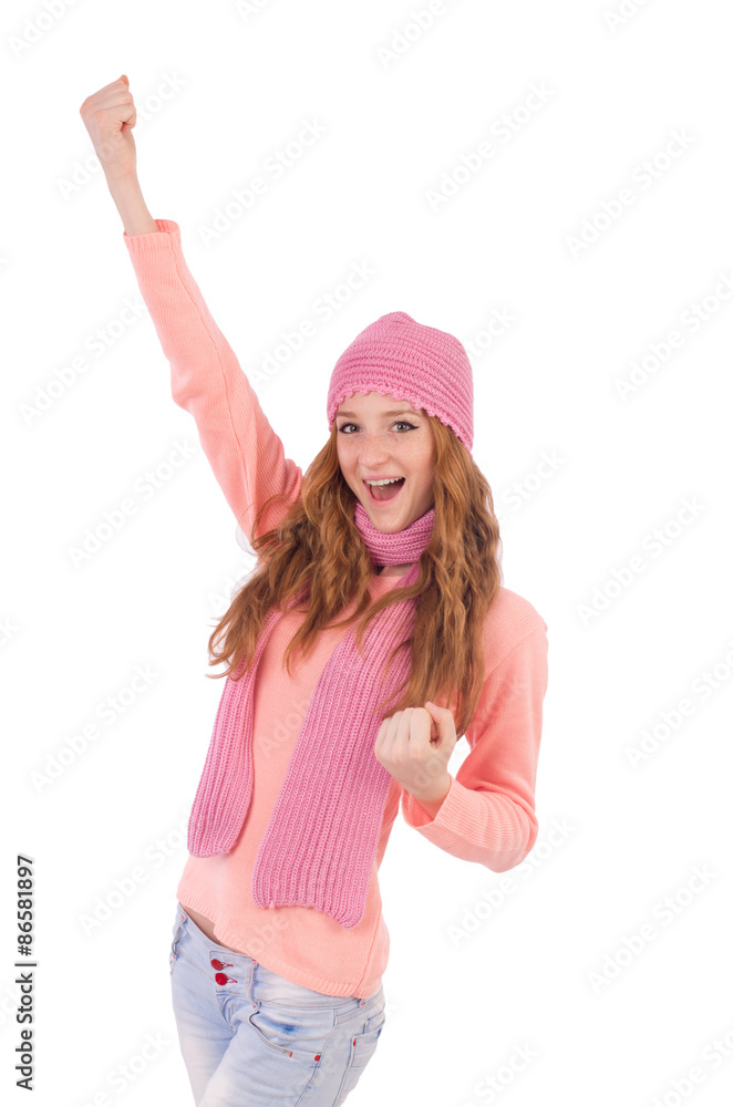 Cute smiling girl wearing scarf and cap isolated on white Cute smiling girl wearing scarf and cap isolated on white