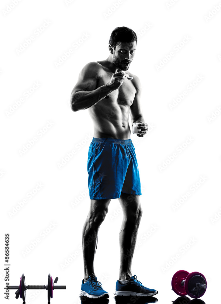 man exercising fitness eating yoghurt man exercising fitness eating yoghurt