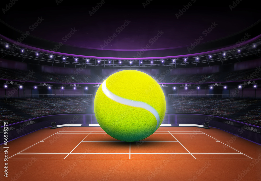 big tennis ball placed on a clay court