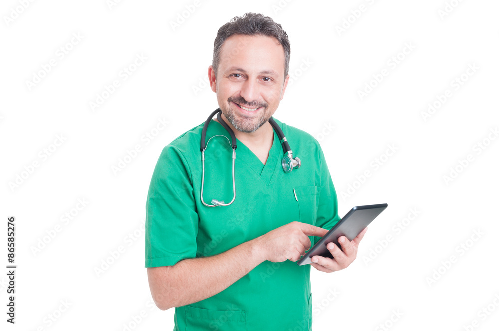 Friendly medical consultant holding tablet Friendly medical consultant holding tablet