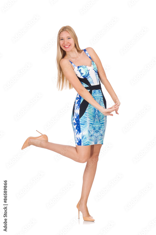 Blond hair girl in mini blue dress isolated on white