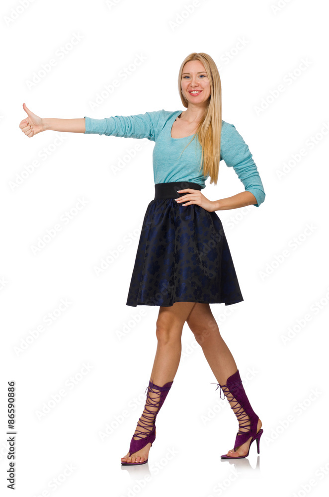 Fototapeta premium Blond hair girl in dark blue skirt isolated on white