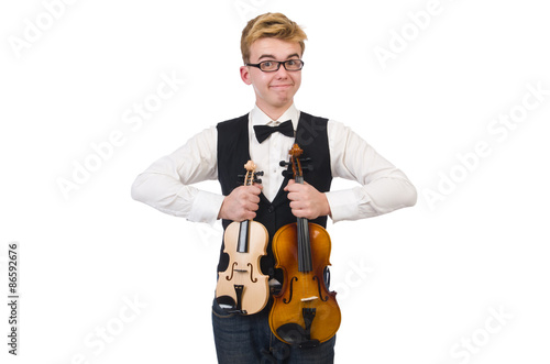 Funny violin player isolated on white © Elnur