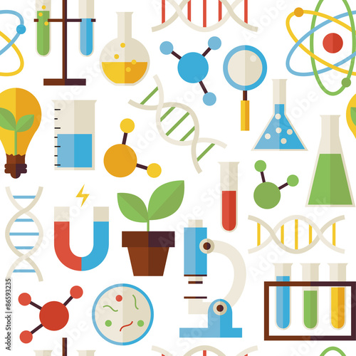 Flat Seamless Pattern Science and Research Objects over White