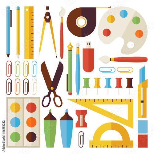 Flat Back to School Objects and Office Instruments Set isolated