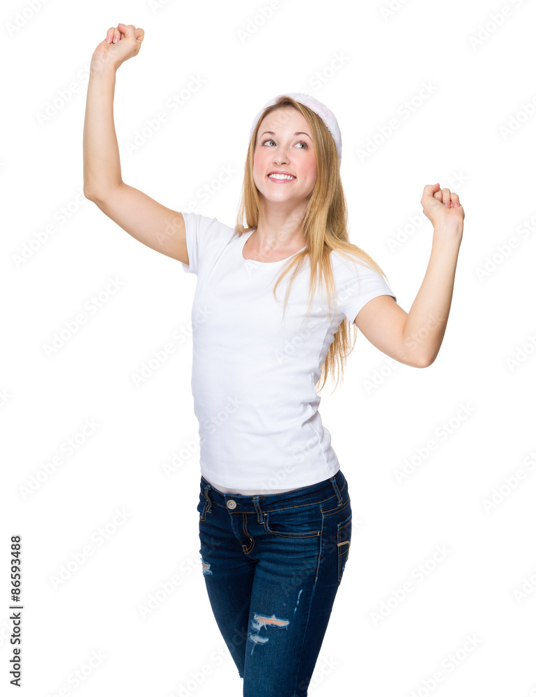 Excited Woman with red christmas hat raised two hand up Excited Woman with red christmas hat raised two hand up