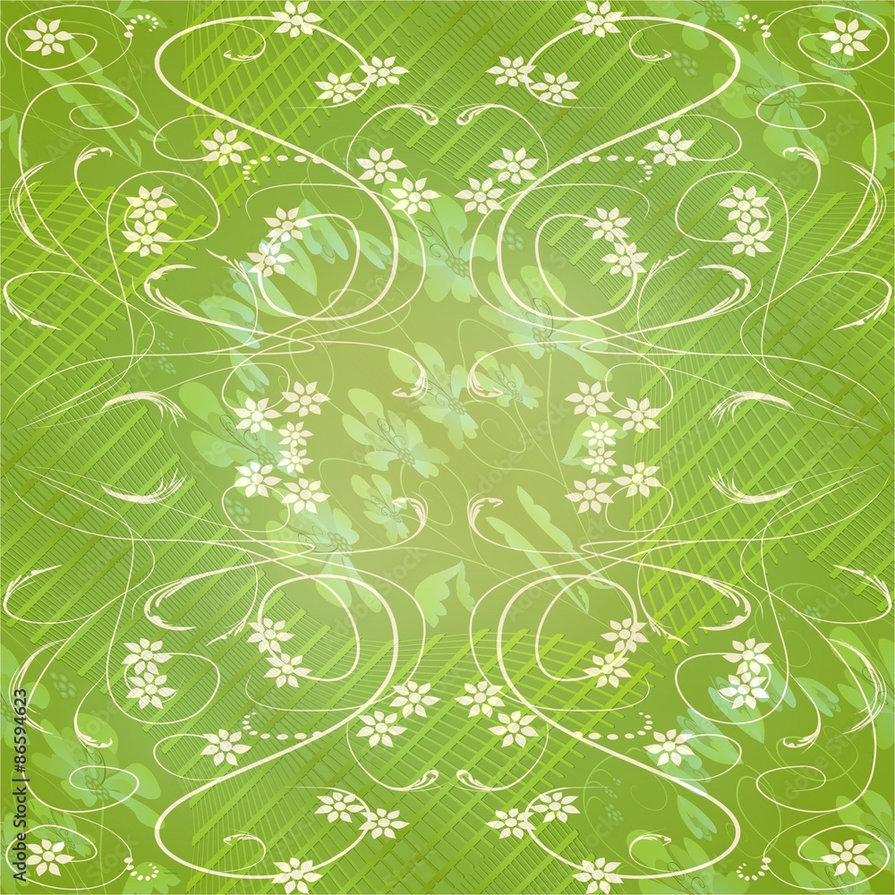 Live green spring or summer background with subtle gentle floral motif and white curves Live green spring or summer background with subtle gentle floral motif and white curves