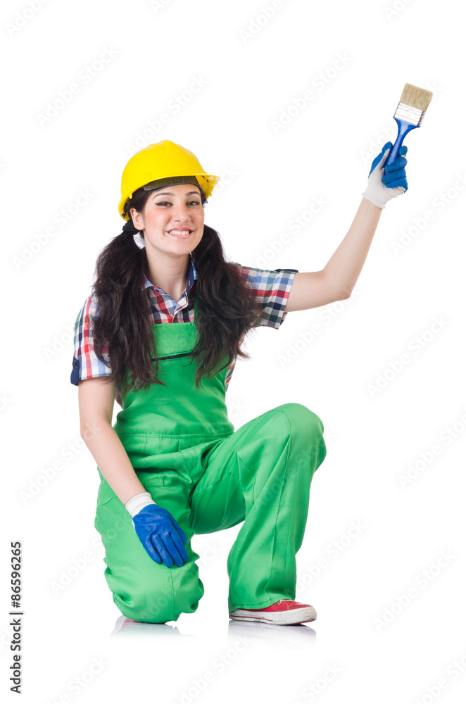 Female workman in green overalls isolated on white Female workman in green overalls isolated on white