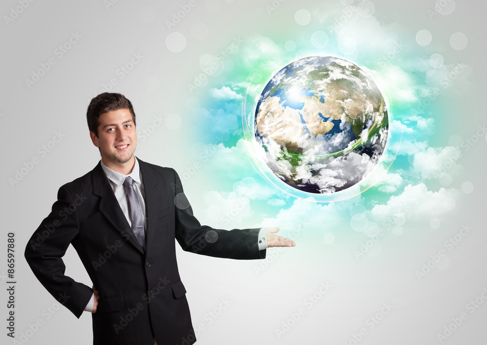 Young man with earth and cloud concept Young man with earth and cloud concept