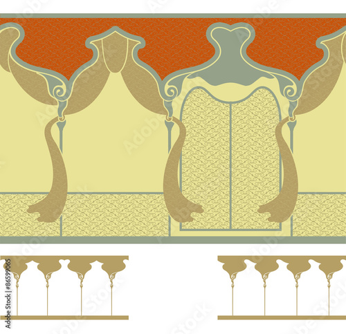 Seamless ornament in the band with the image of the architectural elements. 
Arched windows or loggia with curtains. Border.
