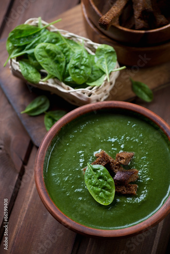 Spinach cream-soup with croutons and ingredients  studio shot