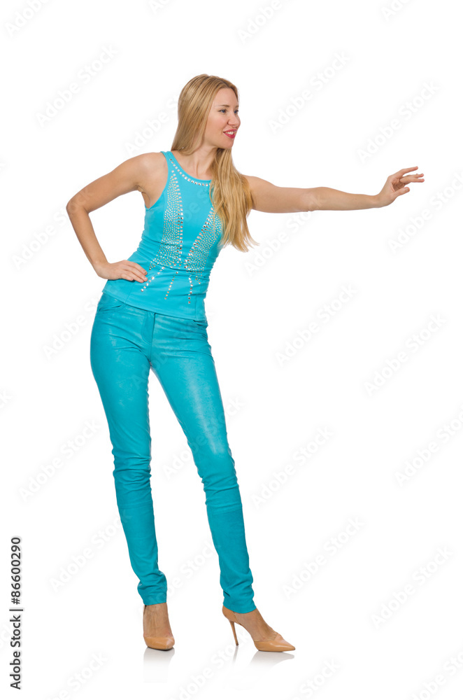 Beautiful girl in blue clothing isolated on white Beautiful girl in blue clothing isolated on white