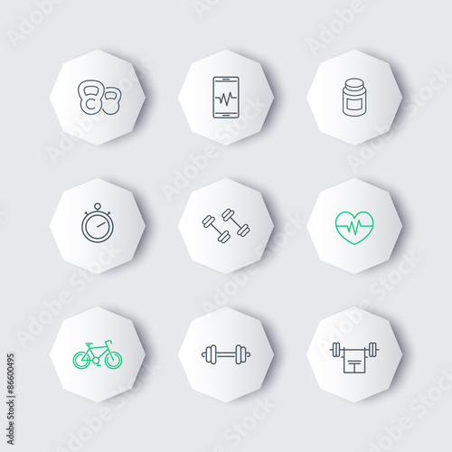line fitness, gym modern octagon icons, vector illustration, eps10