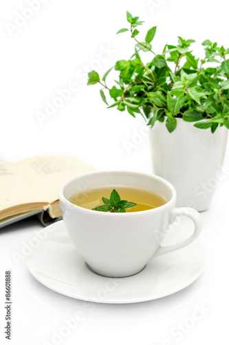 Cup of green tea with mint, close-up, selective focus