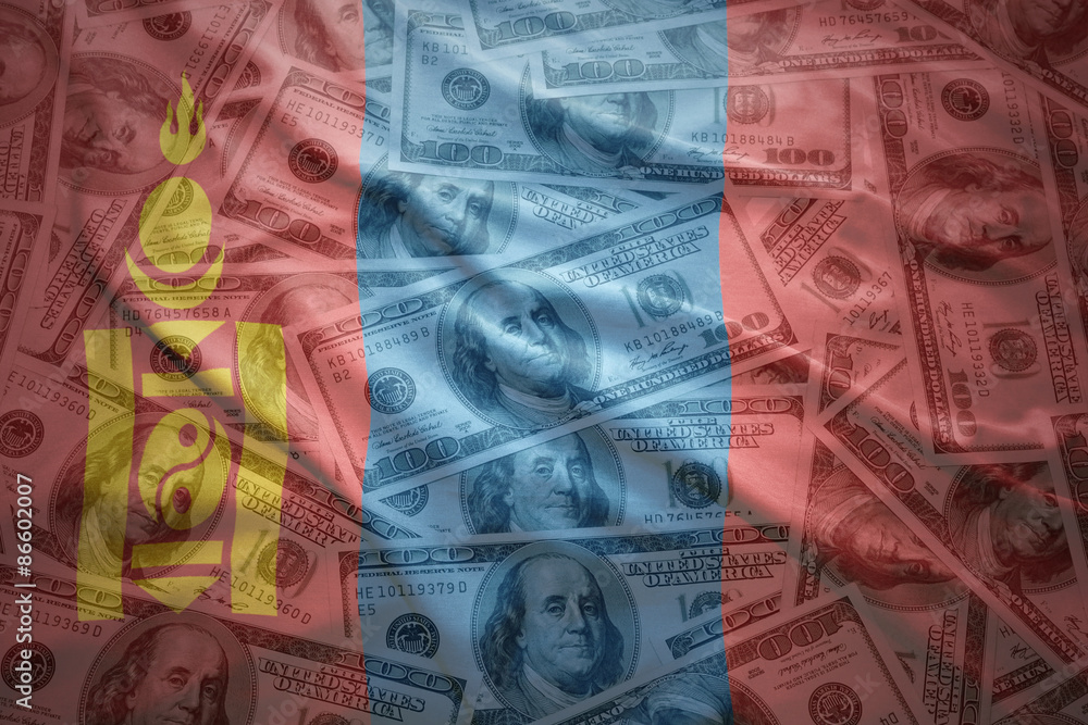 colorful waving mongolian flag on a american dollar money background