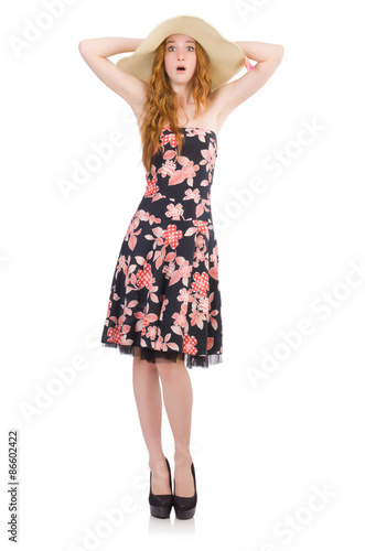Young lady in floral dress isolated on white
