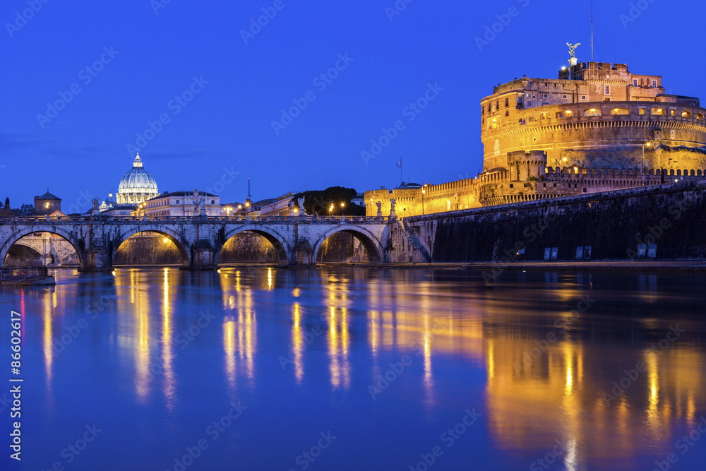 View on St. Peter's Basilica and Castel Sant'Angelo in Rome