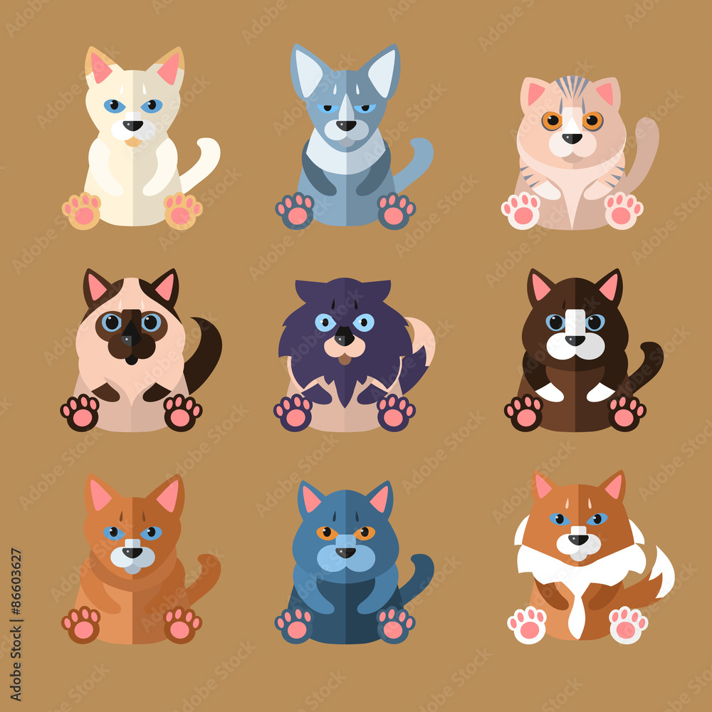 Breeds of Cats Icons. Vector Illustration.