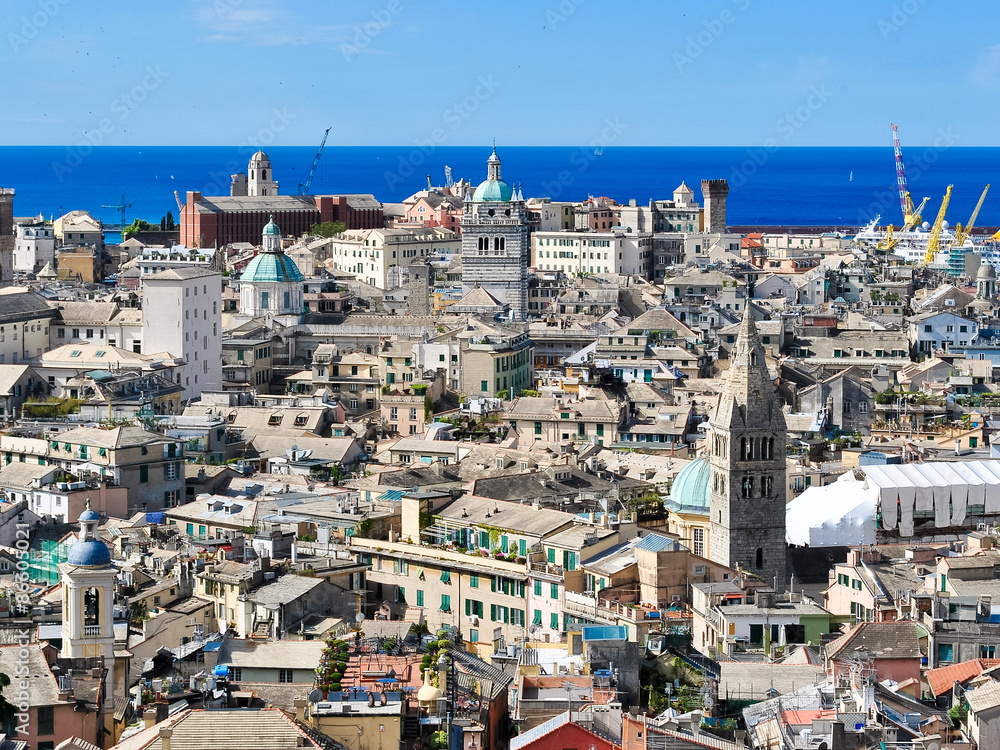 Aerial view of the downtown of Genoa in a sunny day